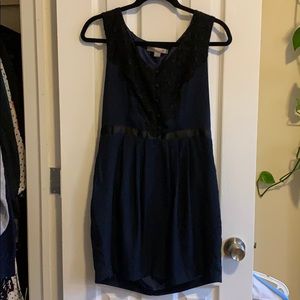 Navy blue chiffon mini dress with lace detail